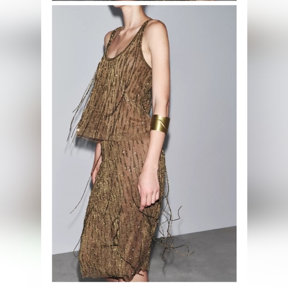 Zara Zw Collection Beaded Gold Fringe Skirt AndTop Sz-L